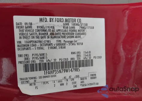 2009 Ford Focus Se из США, поврежденный, VIN 1FAHP35N79W147985